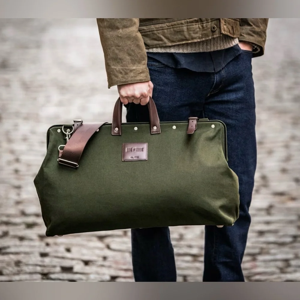 Line of Trade Green Canvas Duffel Weekender Bag with Brown Leather Accents